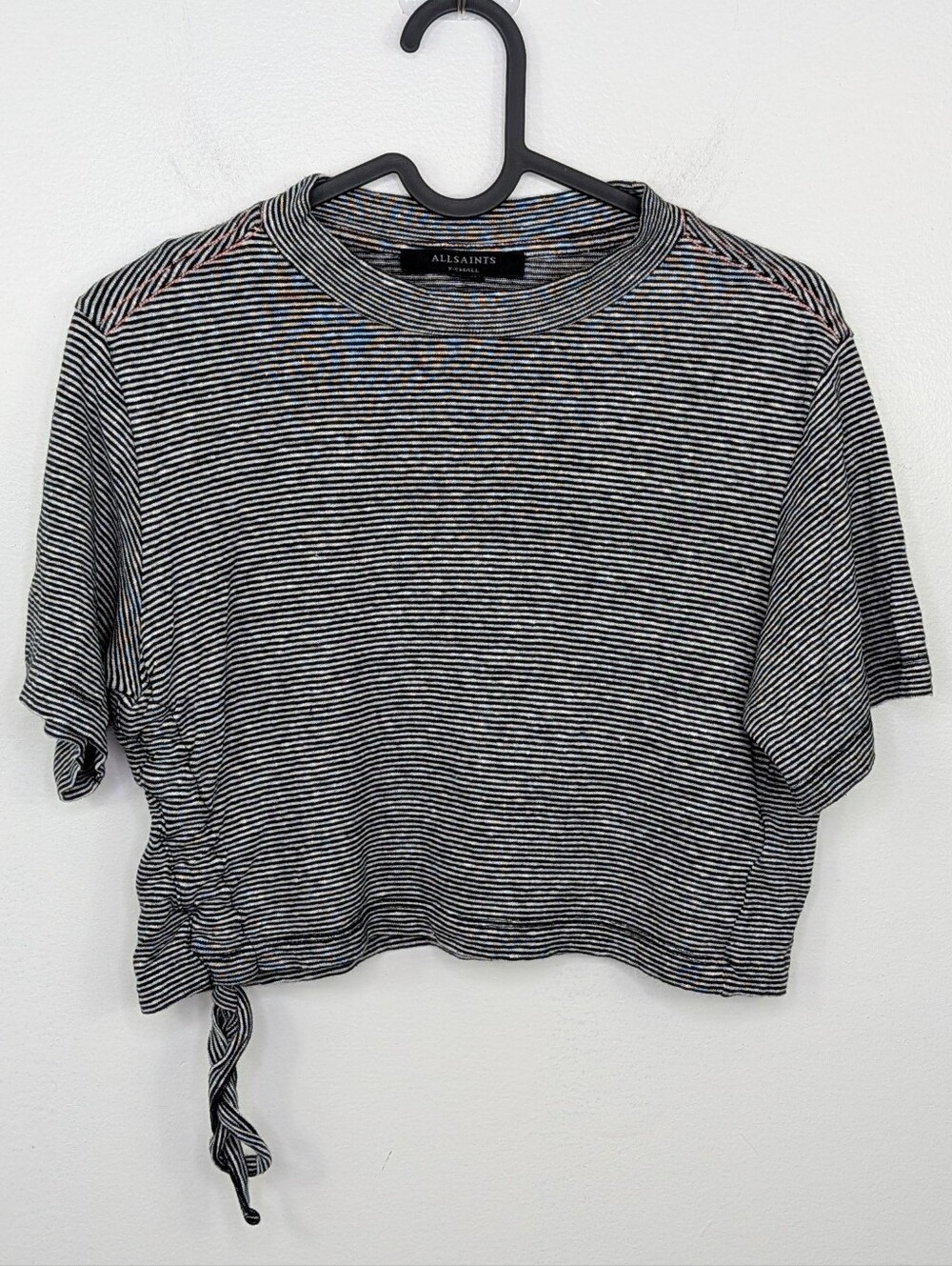 AllSaints Benno Lin Striped Cropped Cinch Tee Only Womens XS T Shirt Linen Blend